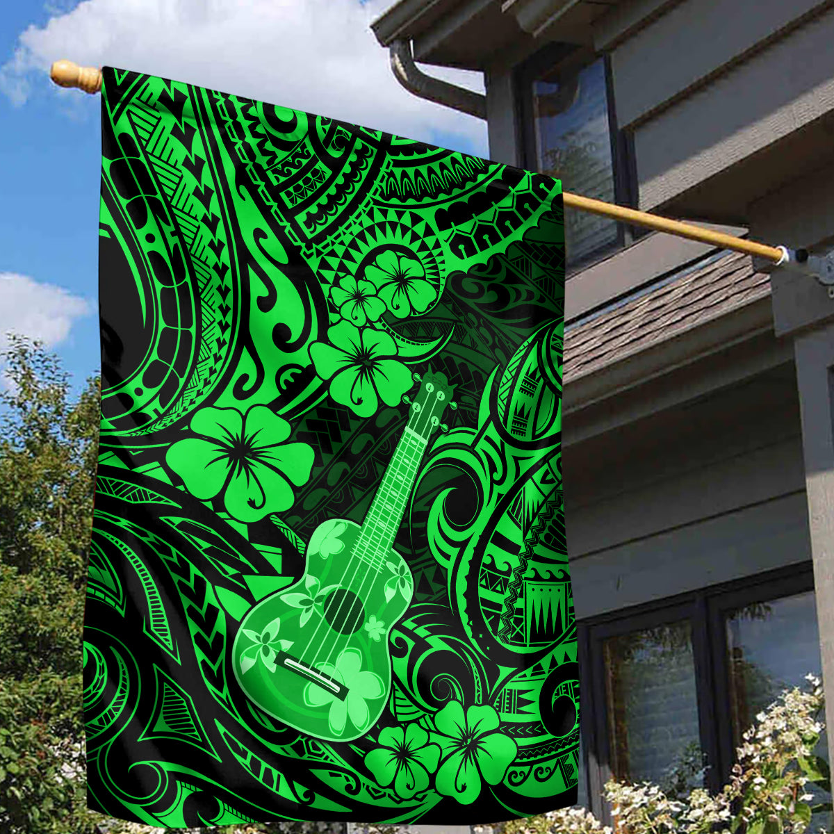 Hawaii Ukulele Garden Flag Polynesian Pattern Green Version - Wonder Print Shop