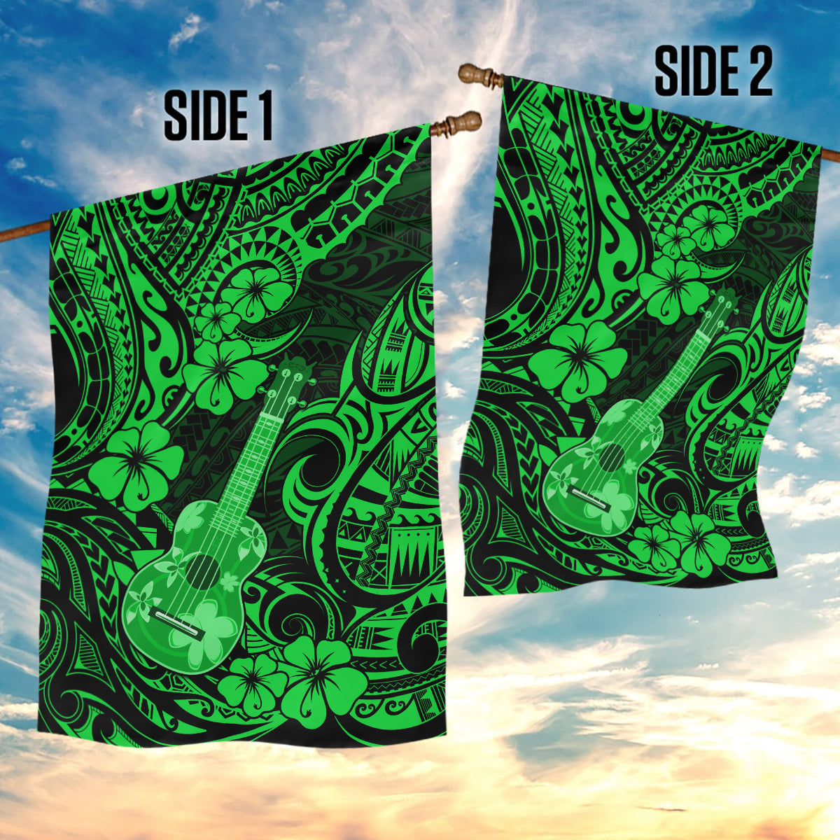 Hawaii Ukulele Garden Flag Polynesian Pattern Green Version - Wonder Print Shop