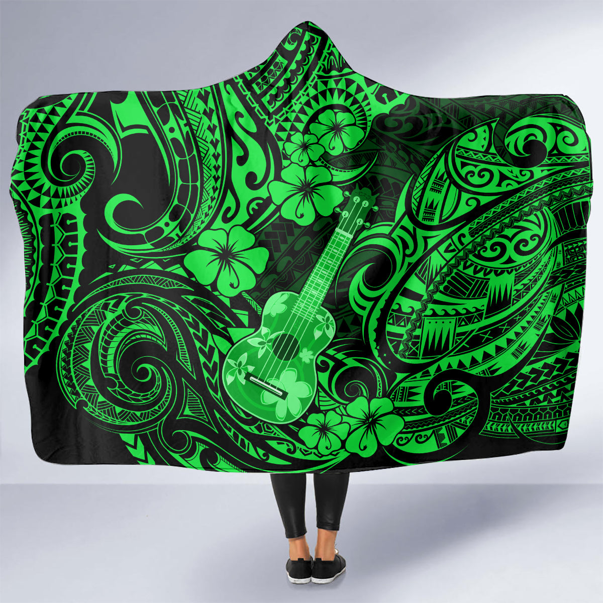 hawaii-ukulele-hooded-blanket-polynesian-pattern-green-version