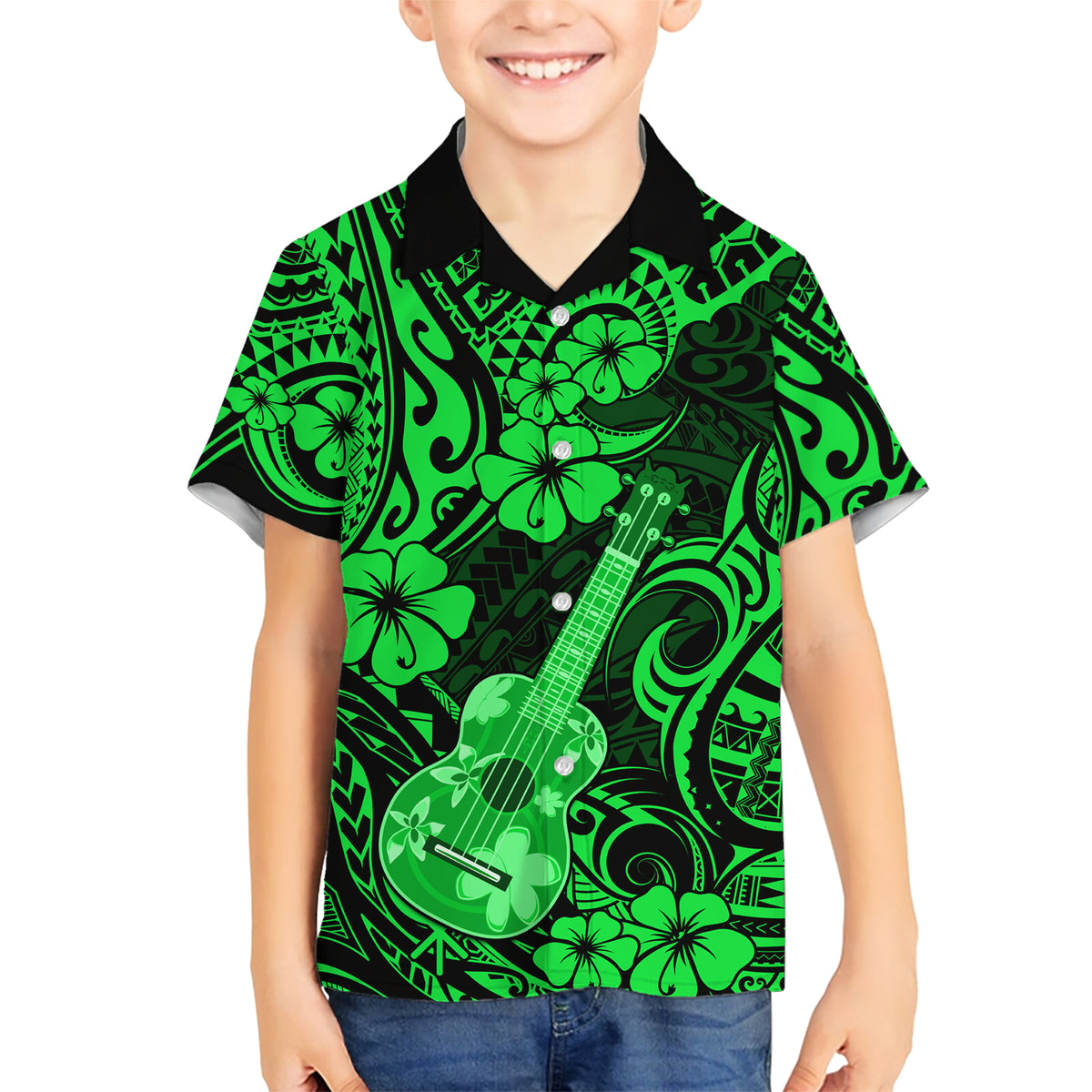 Hawaii Ukulele Kid Hawaiian Shirt Polynesian Pattern Green Version - Wonder Print Shop