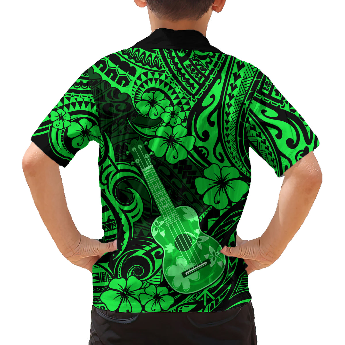Hawaii Ukulele Kid Hawaiian Shirt Polynesian Pattern Green Version - Wonder Print Shop