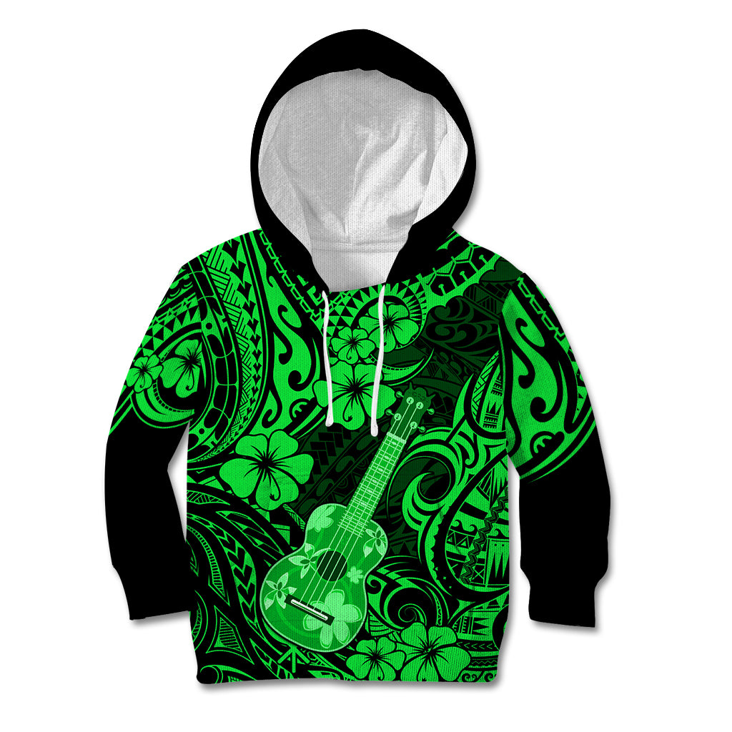 Hawaii Ukulele Kid Hoodie Polynesian Pattern Green Version - Wonder Print Shop