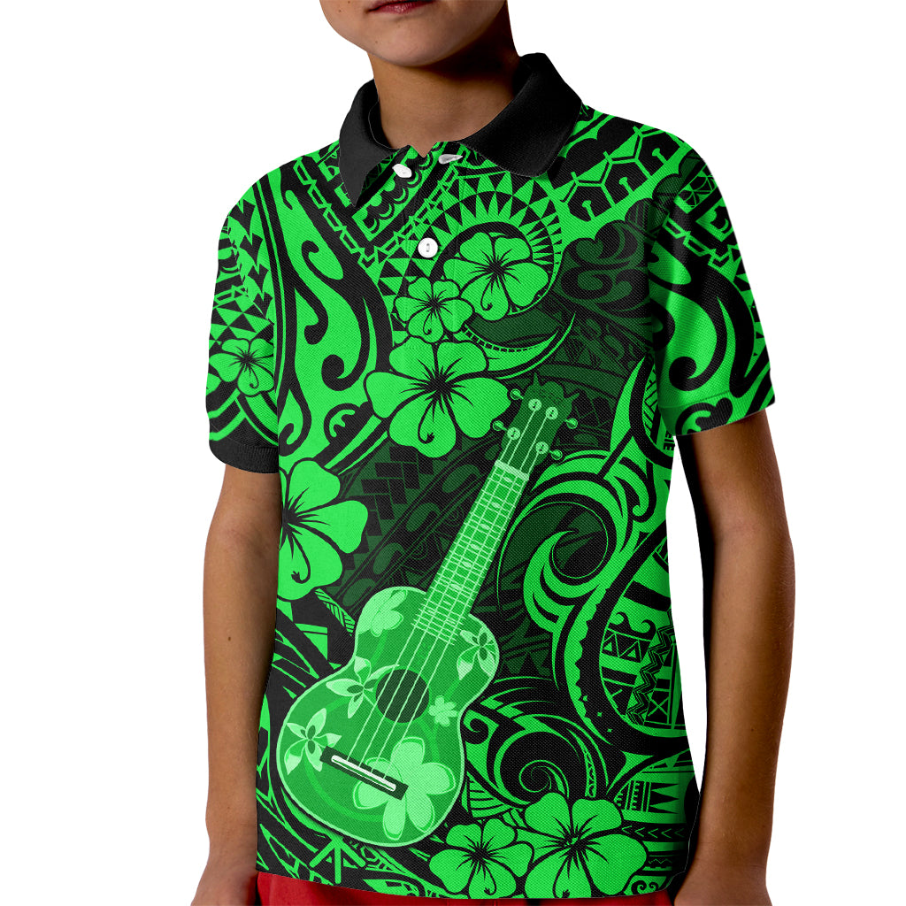 Hawaii Ukulele Kid Polo Shirt Polynesian Pattern Green Version - Wonder Print Shop