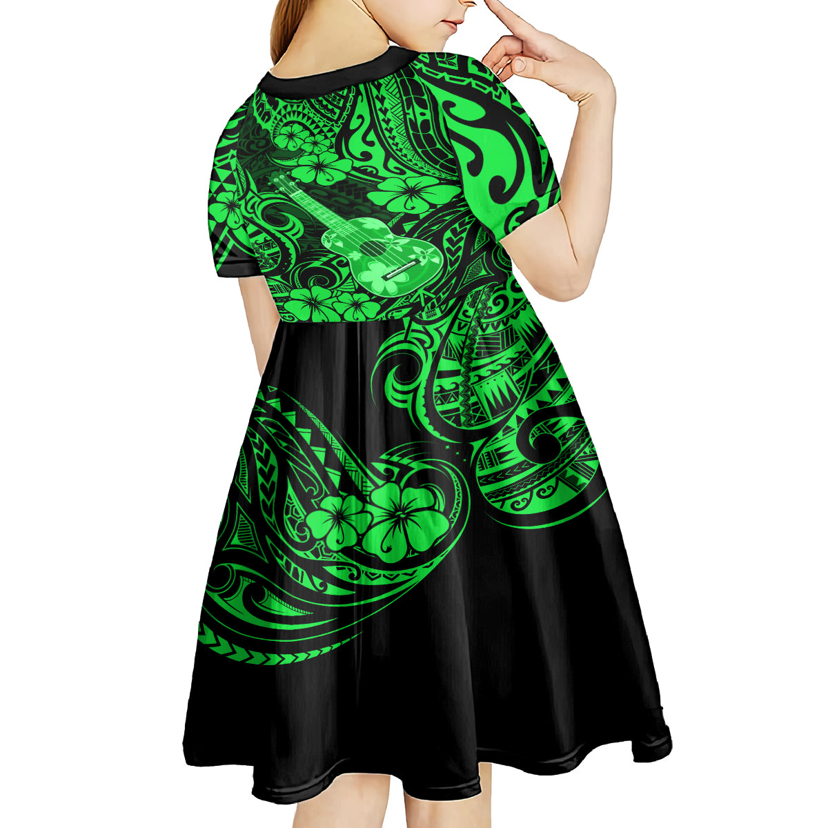 Hawaii Ukulele Kid Short Sleeve Dress Polynesian Pattern Green Version - Wonder Print Shop