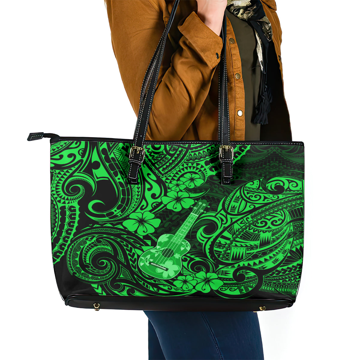 Hawaii Ukulele Leather Tote Bag Polynesian Pattern Green Version - Wonder Print Shop