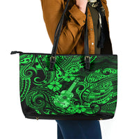 Hawaii Ukulele Leather Tote Bag Polynesian Pattern Green Version - Wonder Print Shop