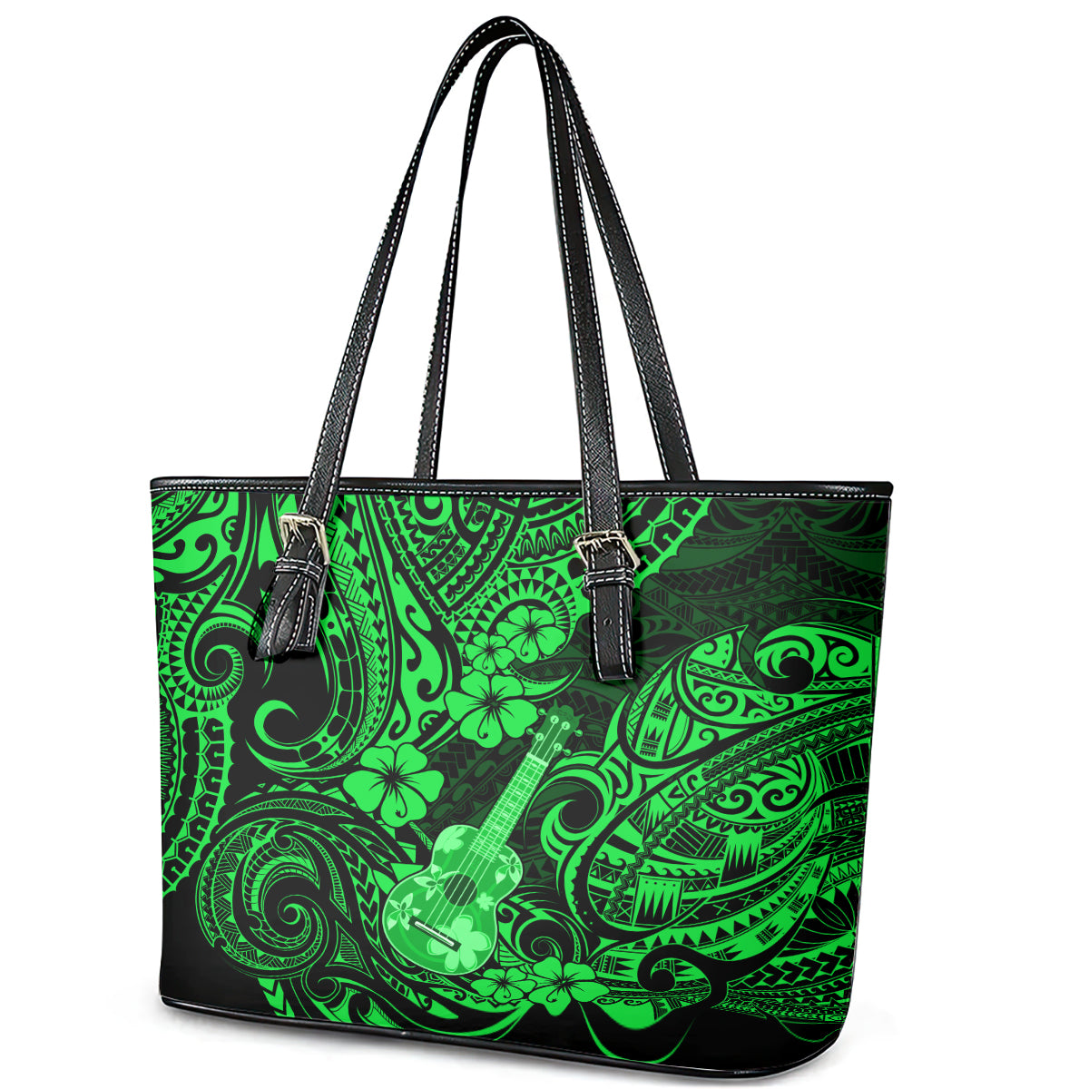 Hawaii Ukulele Leather Tote Bag Polynesian Pattern Green Version - Wonder Print Shop