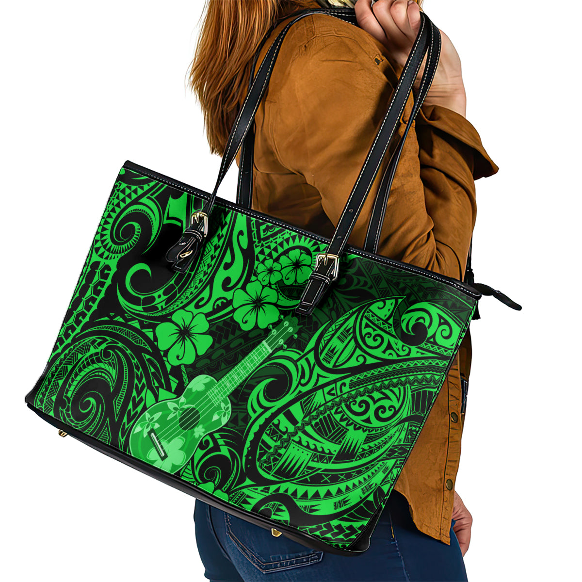 Hawaii Ukulele Leather Tote Bag Polynesian Pattern Green Version - Wonder Print Shop
