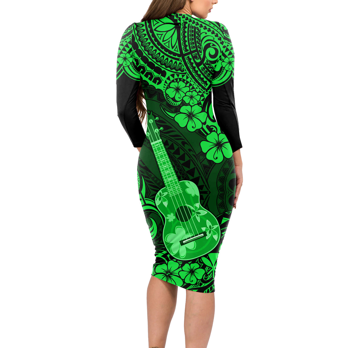 Hawaii Ukulele Long Sleeve Bodycon Dress Polynesian Pattern Green Version - Wonder Print Shop