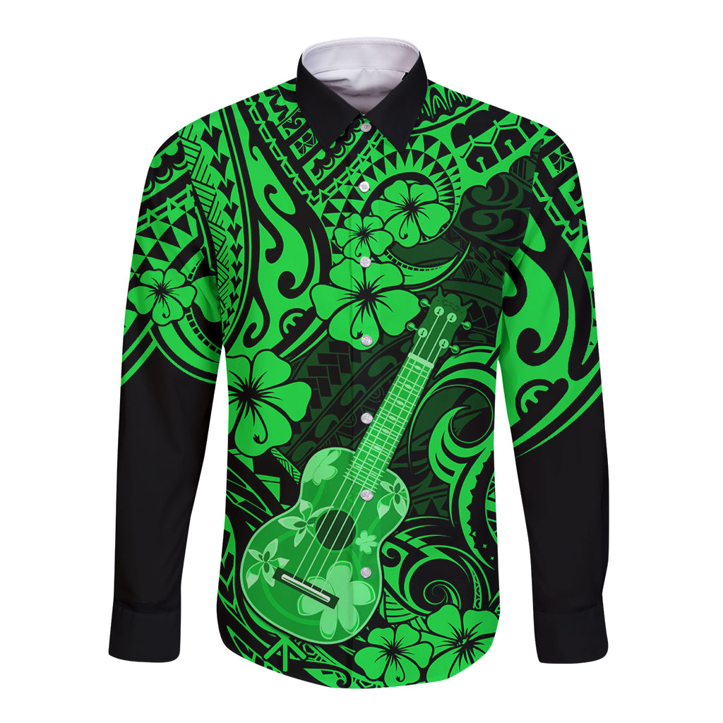 Hawaii Ukulele Long Sleeve Button Shirt Polynesian Pattern Green Version - Wonder Print Shop