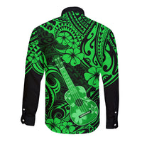 Hawaii Ukulele Long Sleeve Button Shirt Polynesian Pattern Green Version - Wonder Print Shop