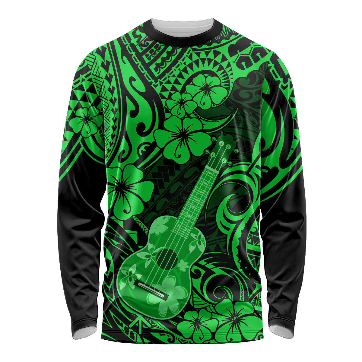 Hawaii Ukulele Long Sleeve Shirt Polynesian Pattern Green Version - Wonder Print Shop