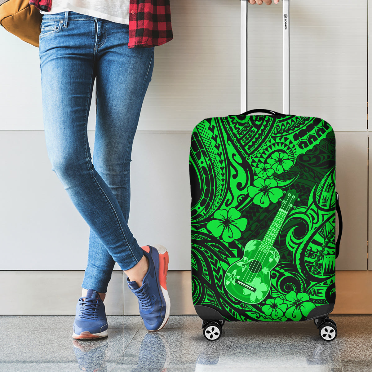 Hawaii Ukulele Luggage Cover Polynesian Pattern Green Version - Wonder Print Shop