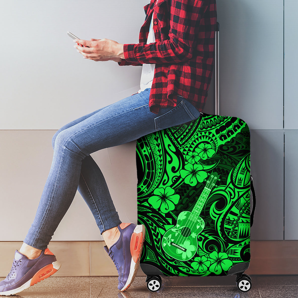 Hawaii Ukulele Luggage Cover Polynesian Pattern Green Version - Wonder Print Shop