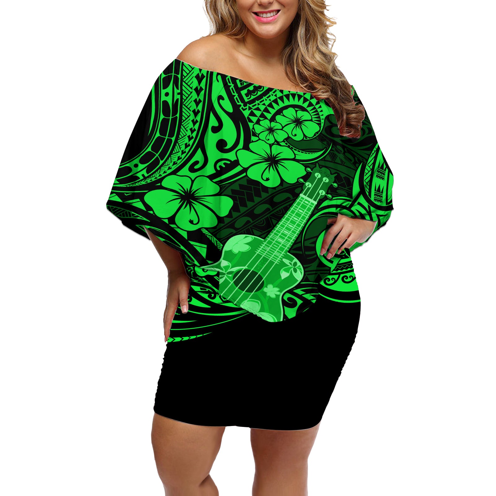 Hawaii Ukulele Off Shoulder Short Dress Polynesian Pattern Green Version - Wonder Print Shop