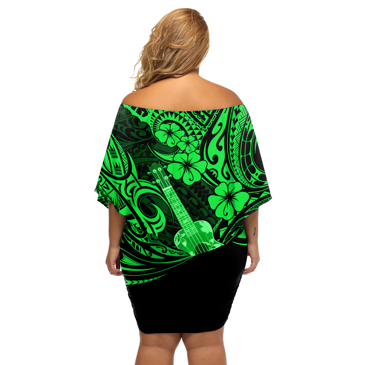 Hawaii Ukulele Off Shoulder Short Dress Polynesian Pattern Green Version - Wonder Print Shop