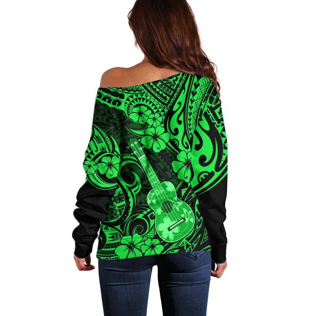 Hawaii Ukulele Off Shoulder Sweater Polynesian Pattern Green Version - Wonder Print Shop