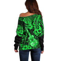 Hawaii Ukulele Off Shoulder Sweater Polynesian Pattern Green Version - Wonder Print Shop