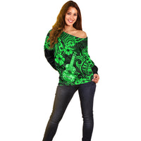 Hawaii Ukulele Off Shoulder Sweater Polynesian Pattern Green Version - Wonder Print Shop