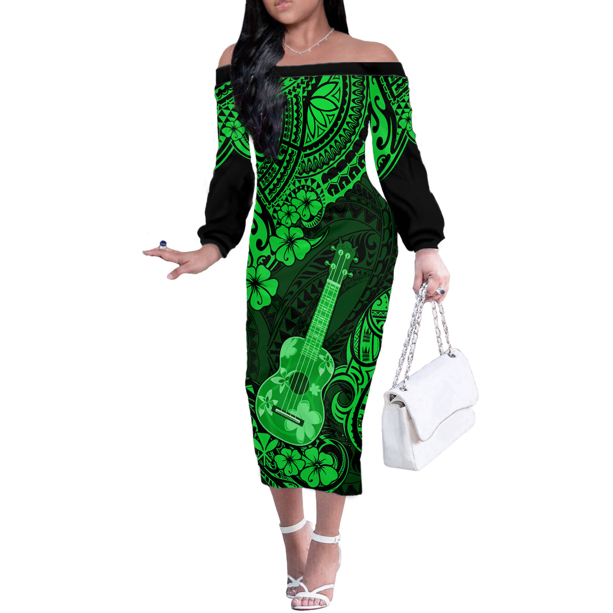 Hawaii Ukulele Off The Shoulder Long Sleeve Dress Polynesian Pattern Green Version - Wonder Print Shop