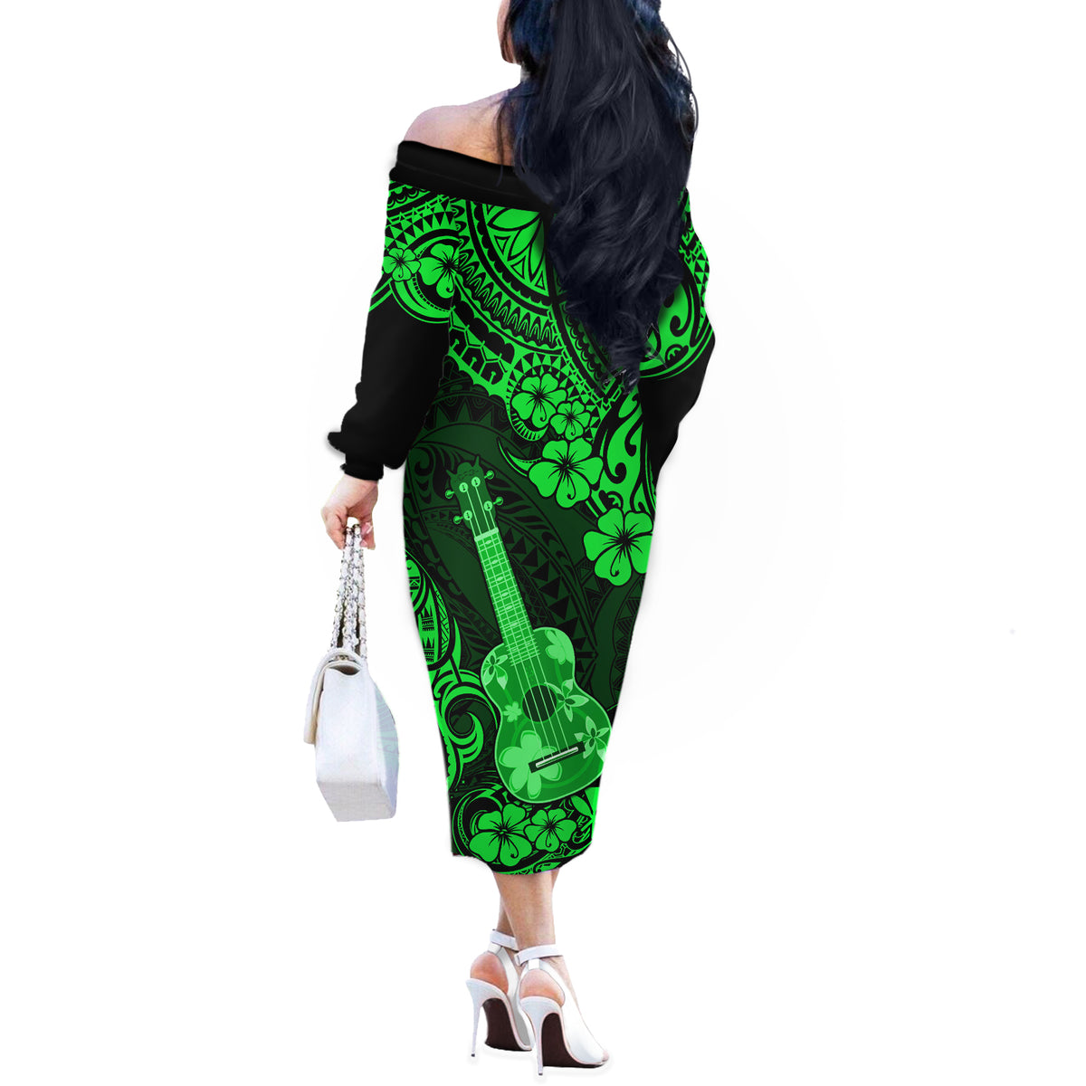 Hawaii Ukulele Off The Shoulder Long Sleeve Dress Polynesian Pattern Green Version - Wonder Print Shop