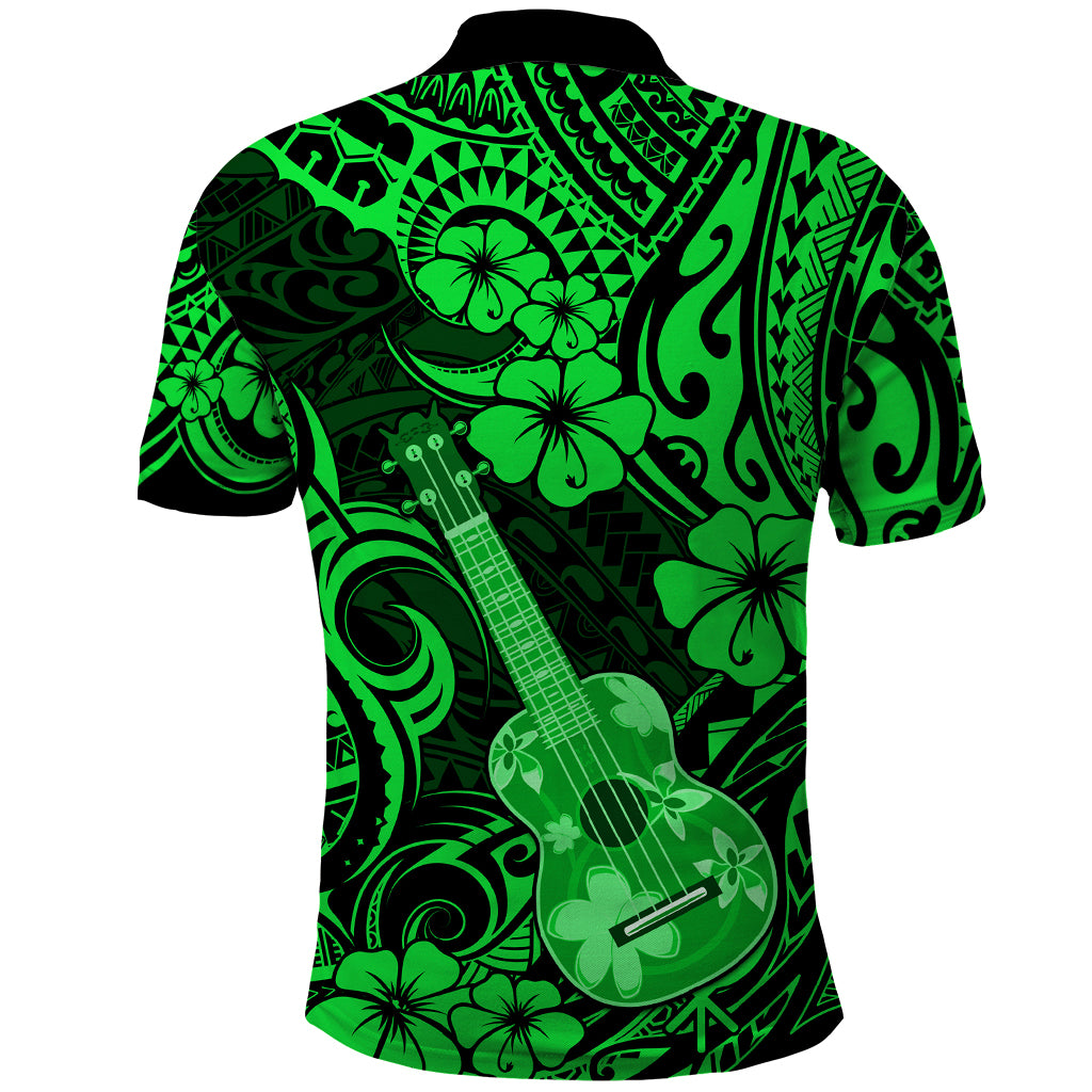 Hawaii Ukulele Polo Shirt Polynesian Pattern Green Version - Wonder Print Shop