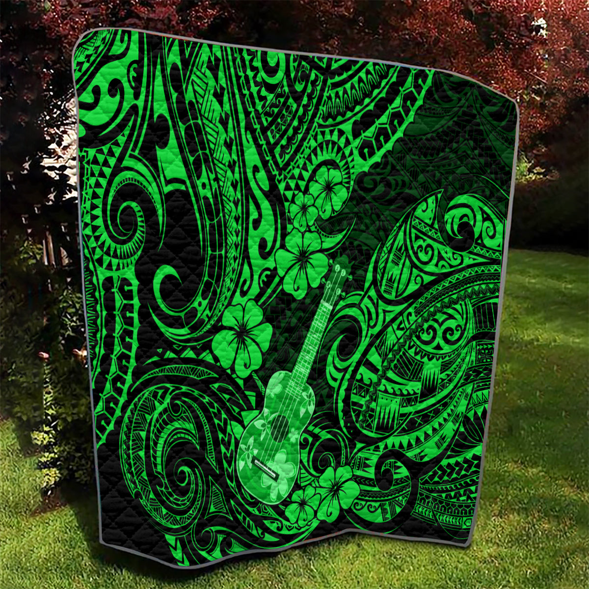 Hawaii Ukulele Quilt Polynesian Pattern Green Version - Wonder Print Shop