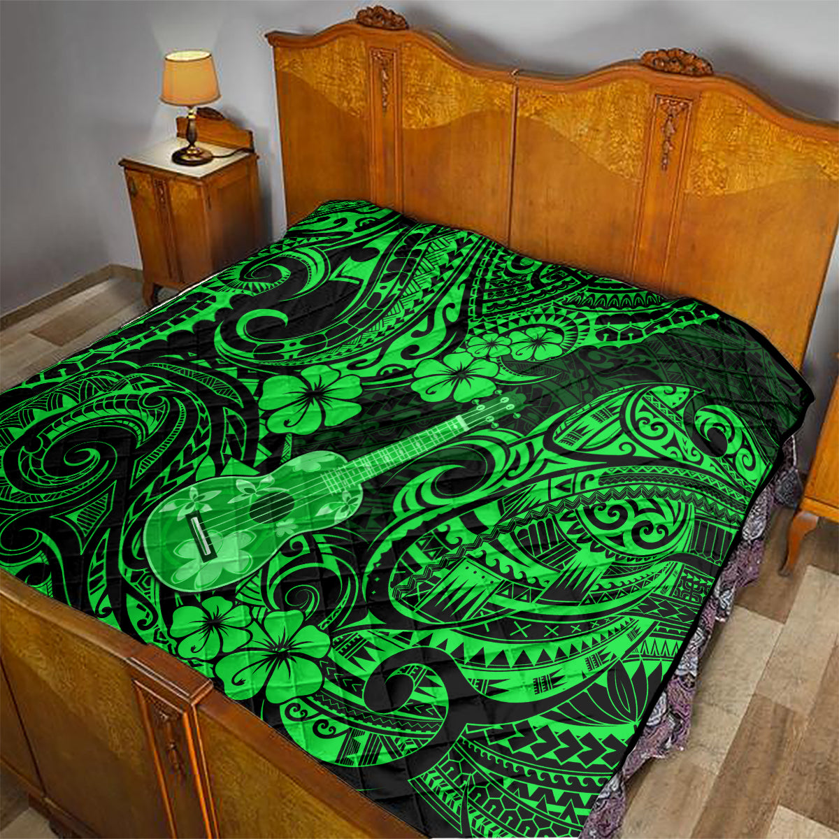 Hawaii Ukulele Quilt Polynesian Pattern Green Version - Wonder Print Shop