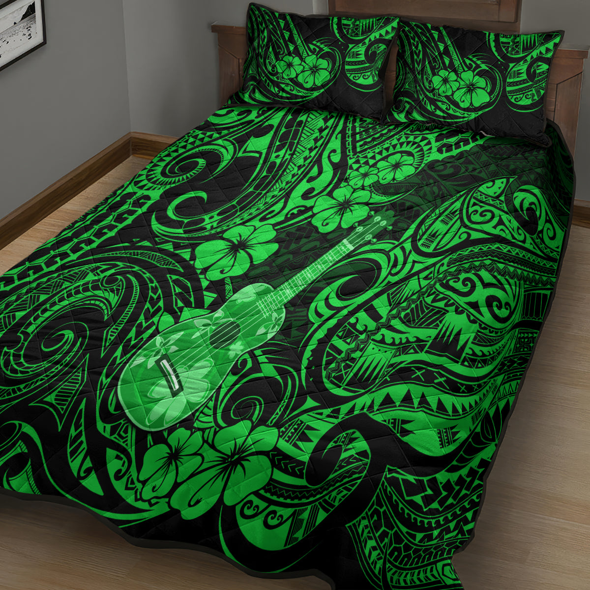 Hawaii Ukulele Quilt Bed Set Polynesian Pattern Green Version - Wonder Print Shop