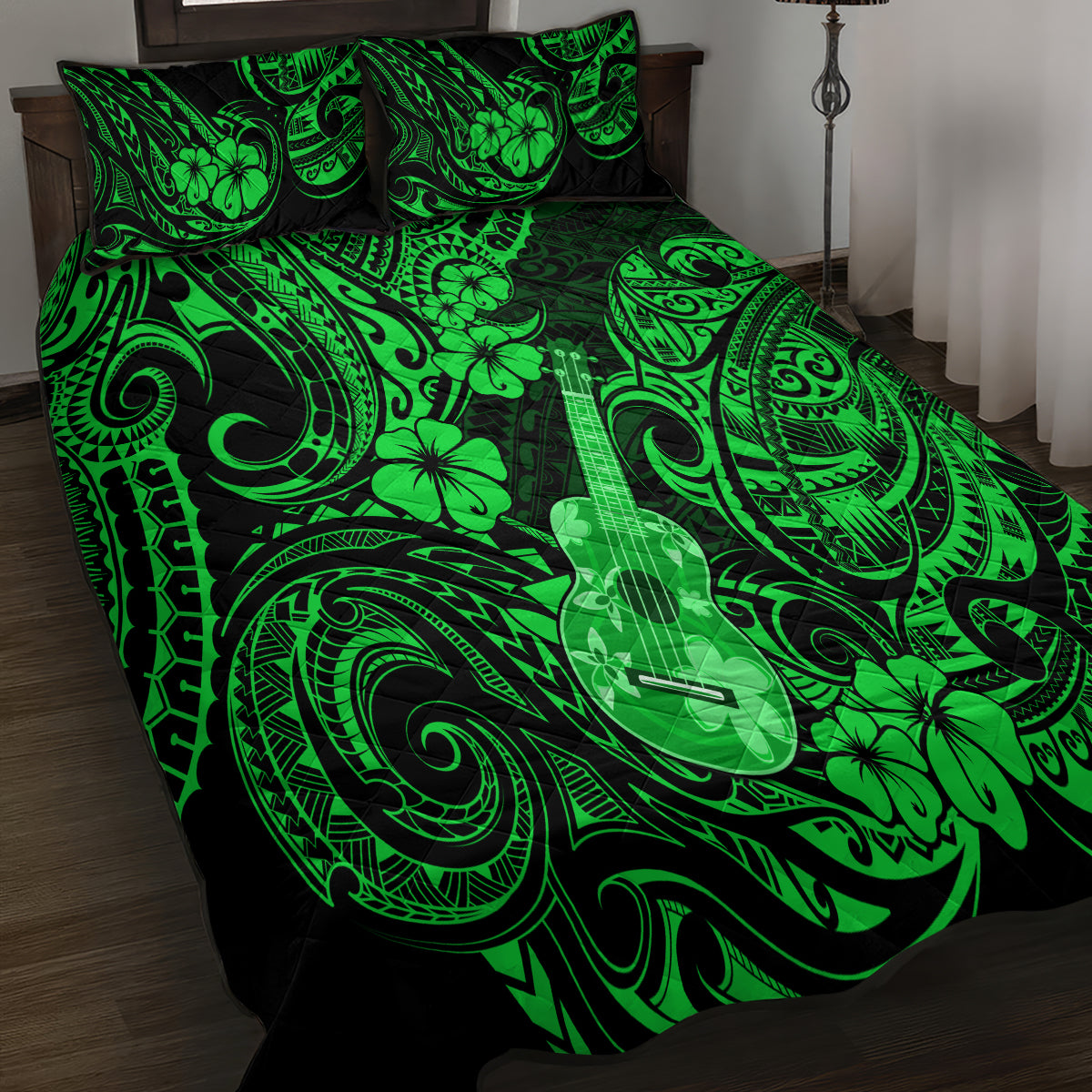 Hawaii Ukulele Quilt Bed Set Polynesian Pattern Green Version - Wonder Print Shop