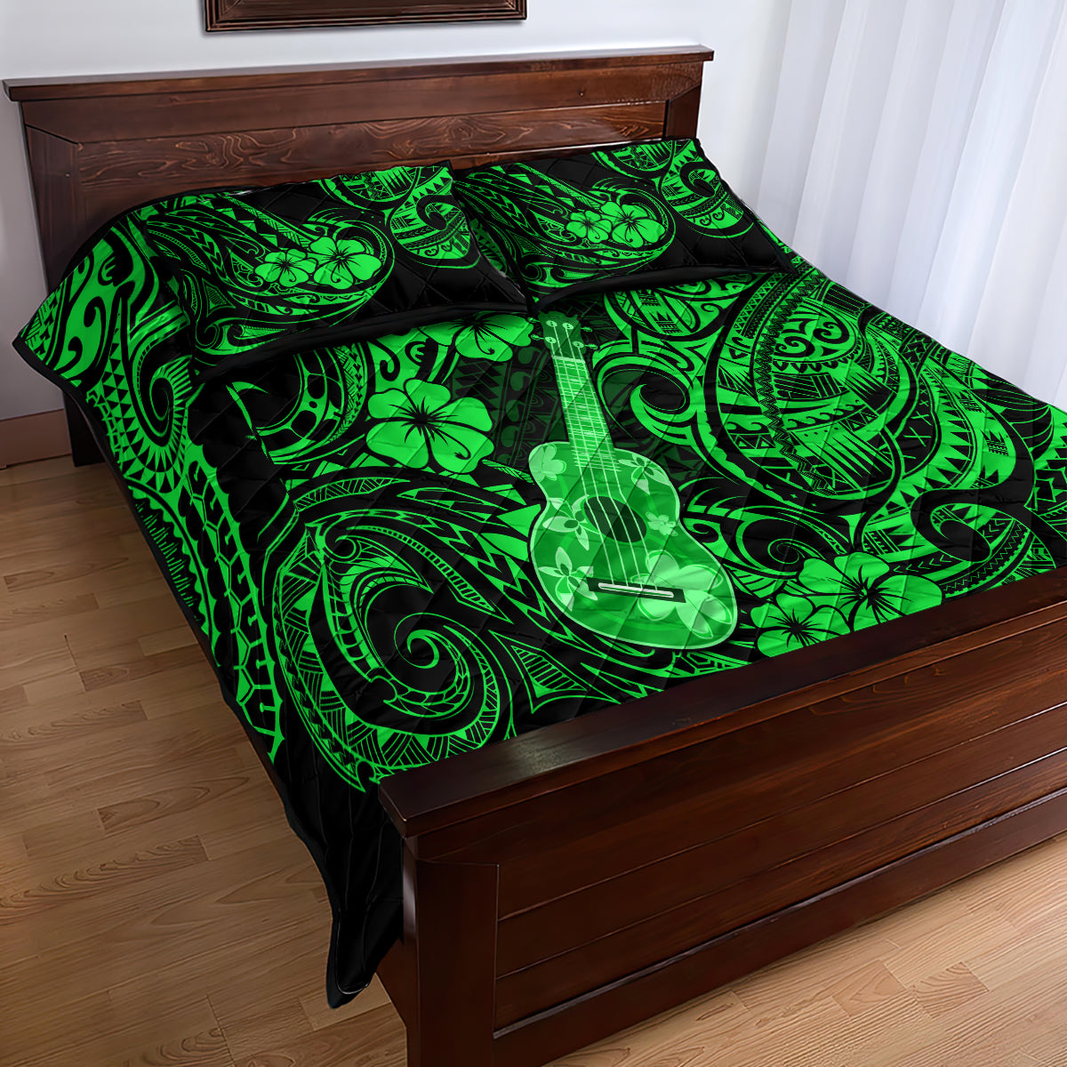 Hawaii Ukulele Quilt Bed Set Polynesian Pattern Green Version - Wonder Print Shop