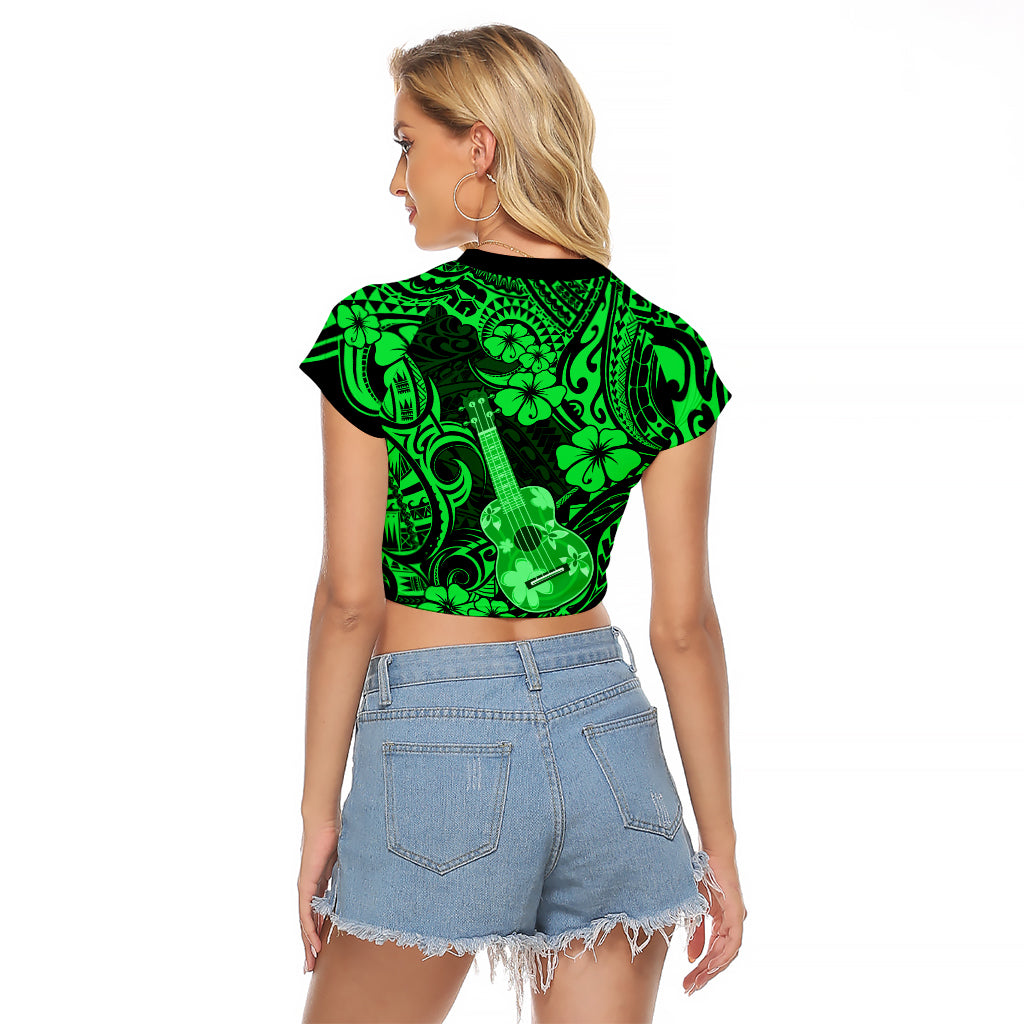 Hawaii Ukulele Raglan Cropped T Shirt Polynesian Pattern Green Version - Wonder Print Shop
