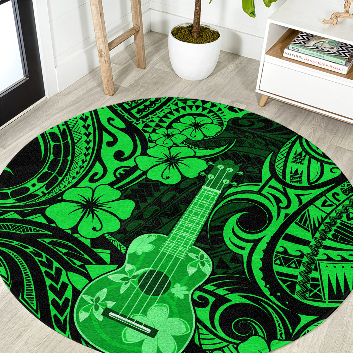 hawaii-ukulele-round-carpet-polynesian-pattern-green-version