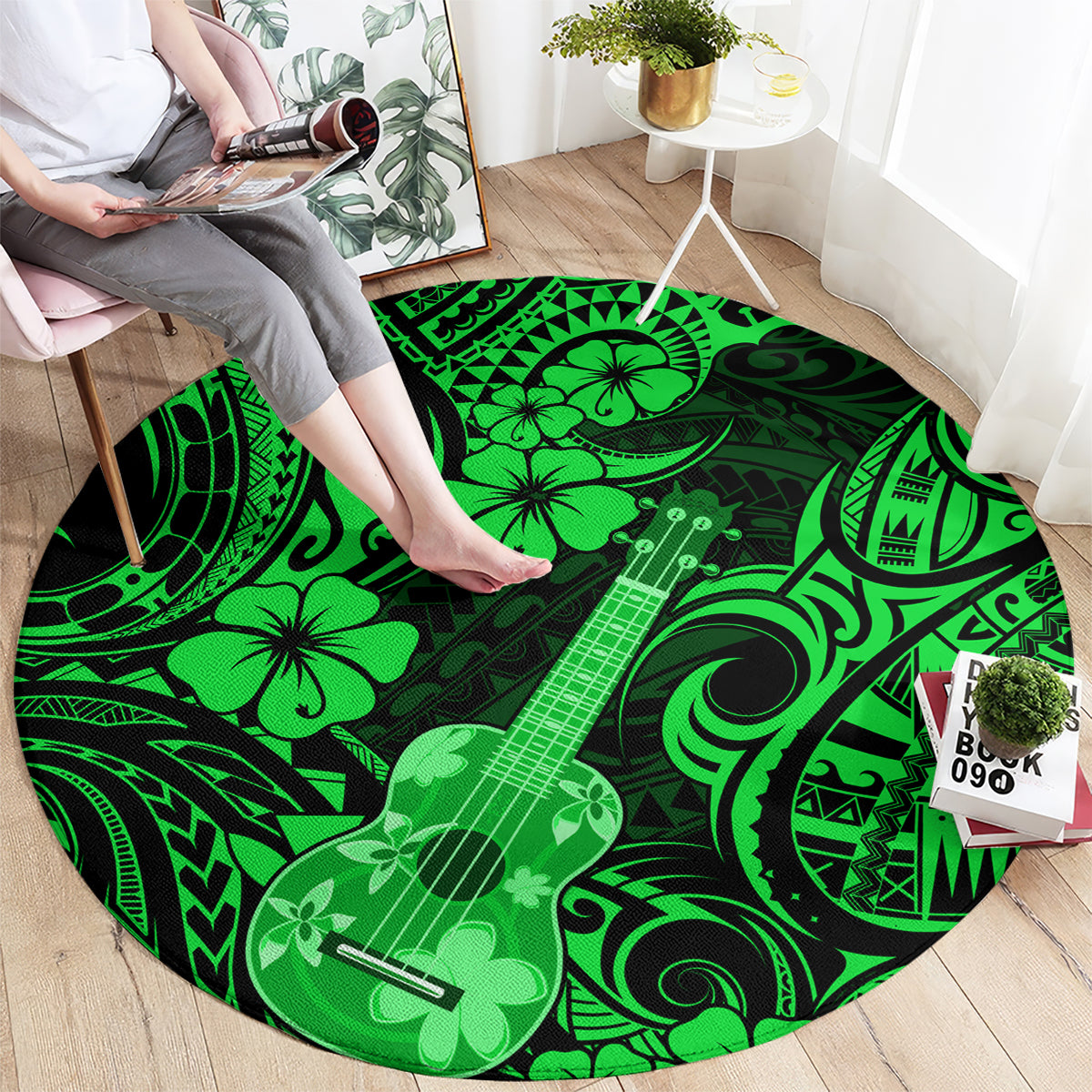hawaii-ukulele-round-carpet-polynesian-pattern-green-version