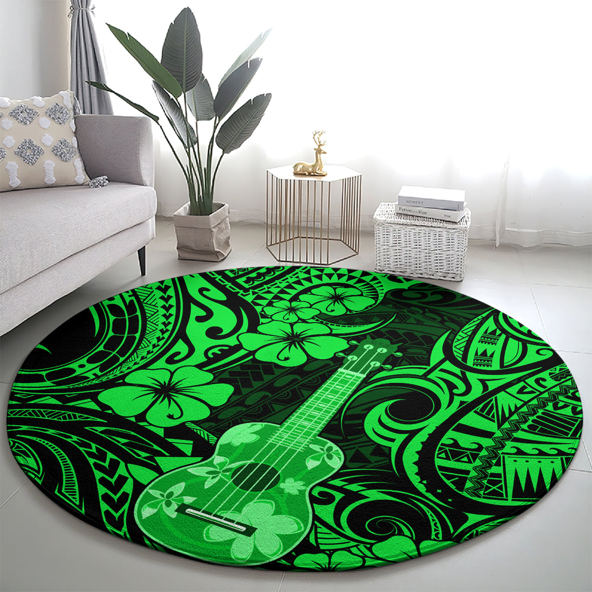 hawaii-ukulele-round-carpet-polynesian-pattern-green-version