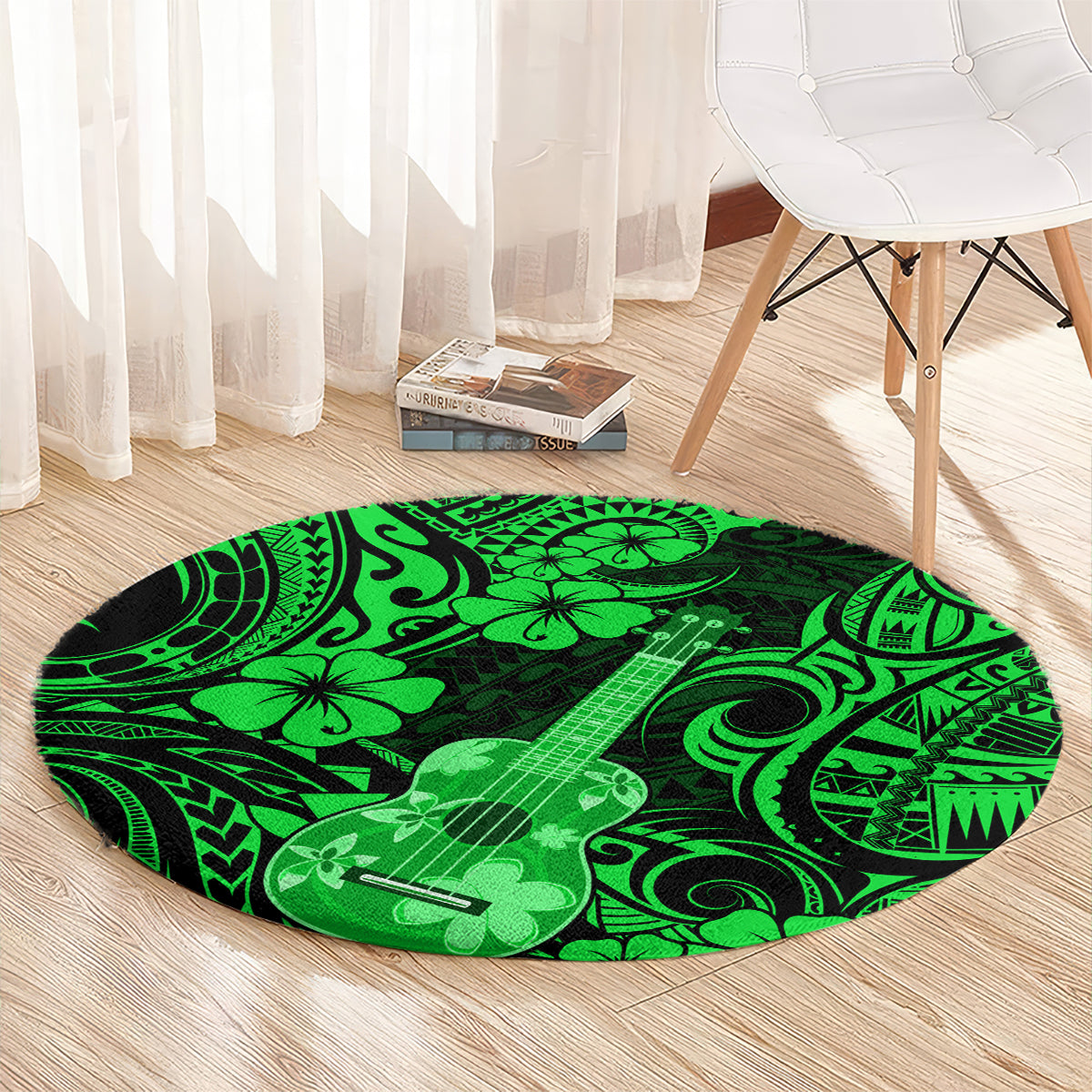 hawaii-ukulele-round-carpet-polynesian-pattern-green-version