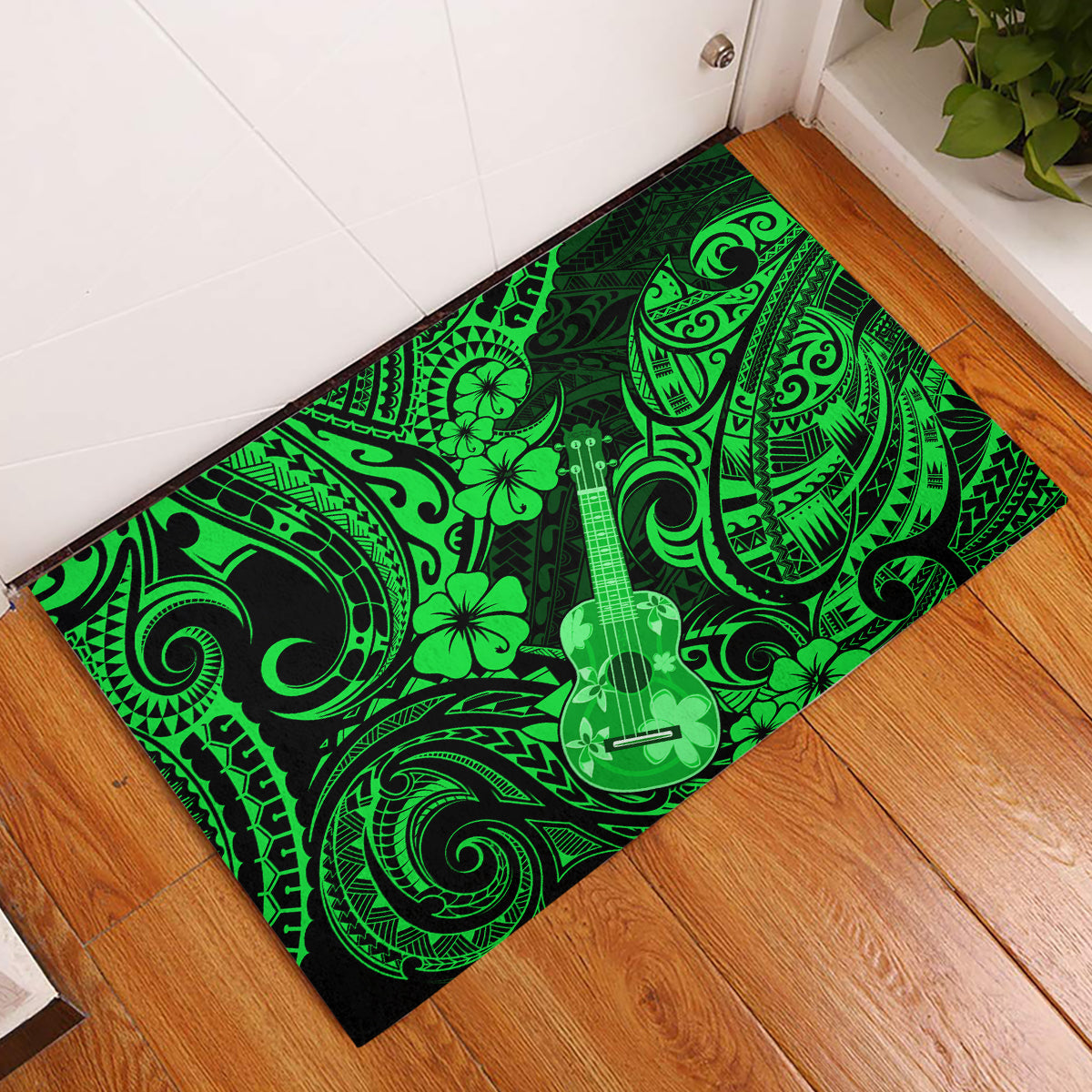 Hawaii Ukulele Rubber Doormat Polynesian Pattern Green Version - Wonder Print Shop