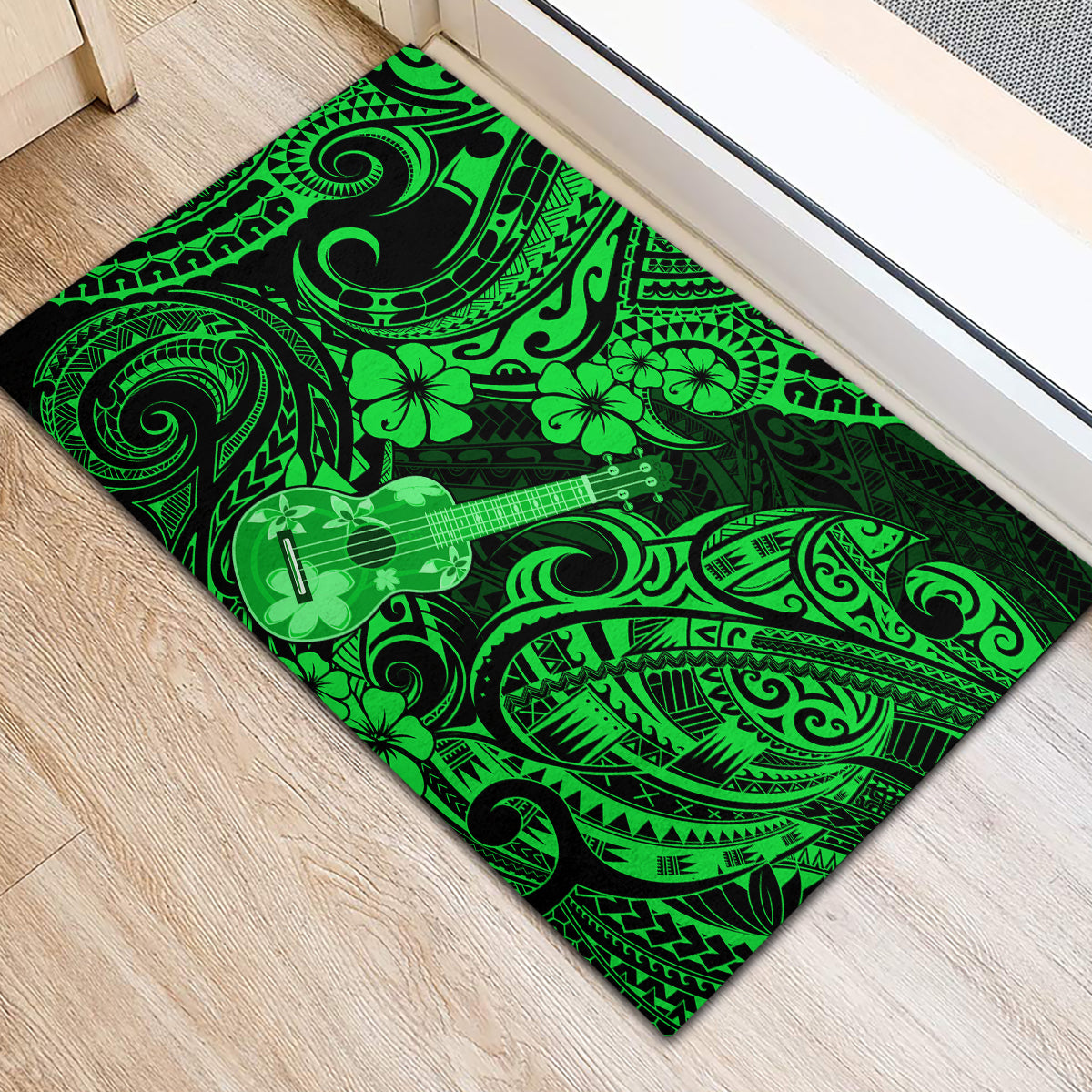 Hawaii Ukulele Rubber Doormat Polynesian Pattern Green Version - Wonder Print Shop