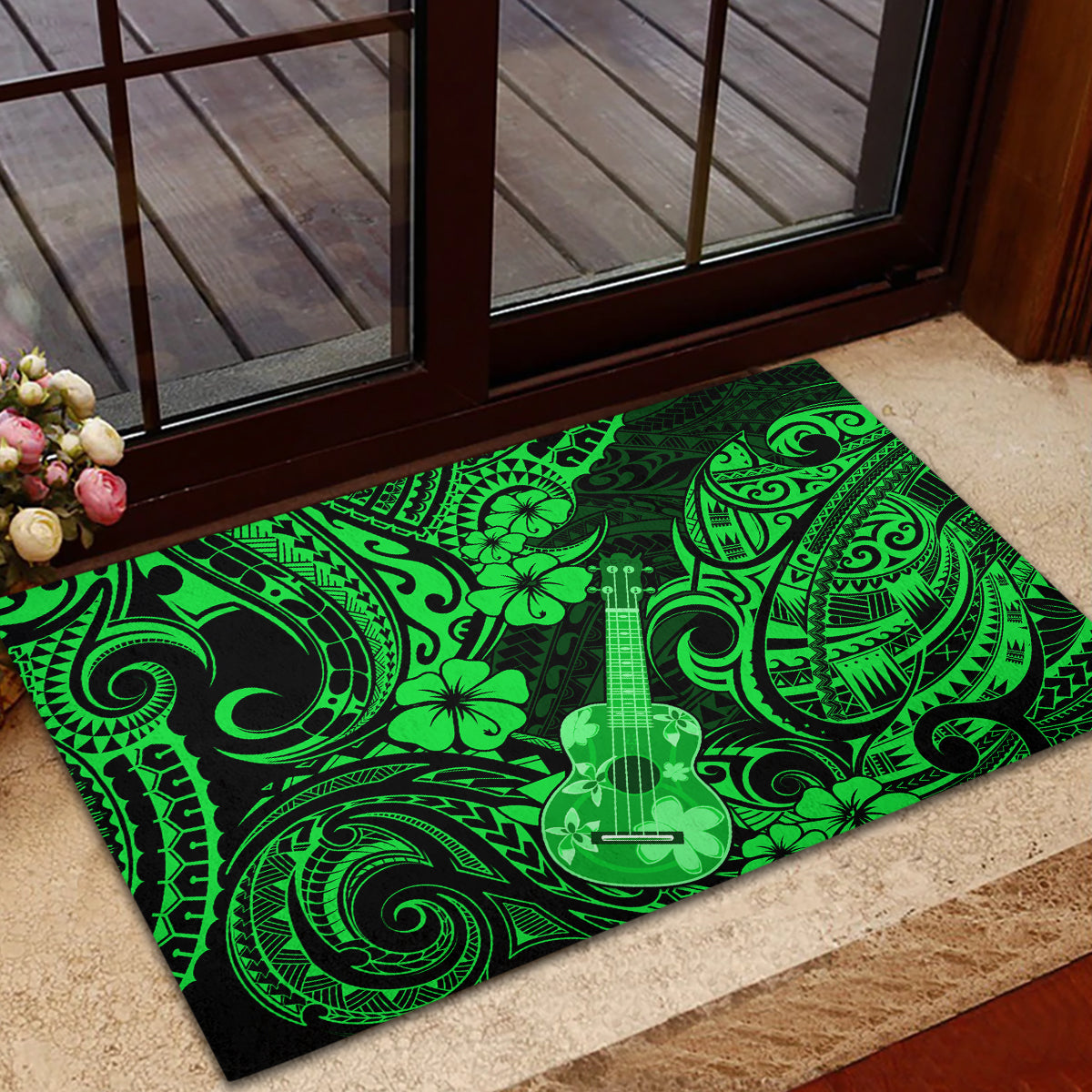 Hawaii Ukulele Rubber Doormat Polynesian Pattern Green Version - Wonder Print Shop