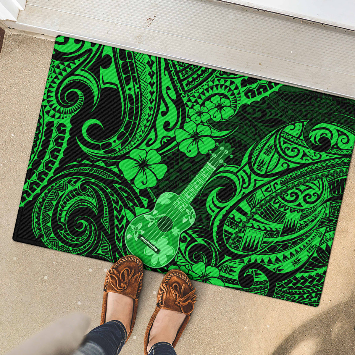 Hawaii Ukulele Rubber Doormat Polynesian Pattern Green Version - Wonder Print Shop