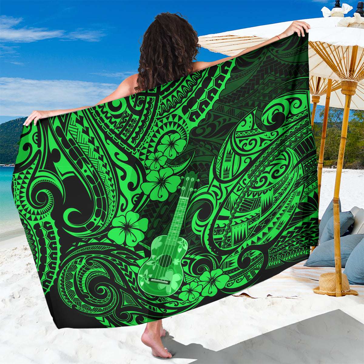 Hawaii Ukulele Sarong Polynesian Pattern Green Version - Wonder Print Shop