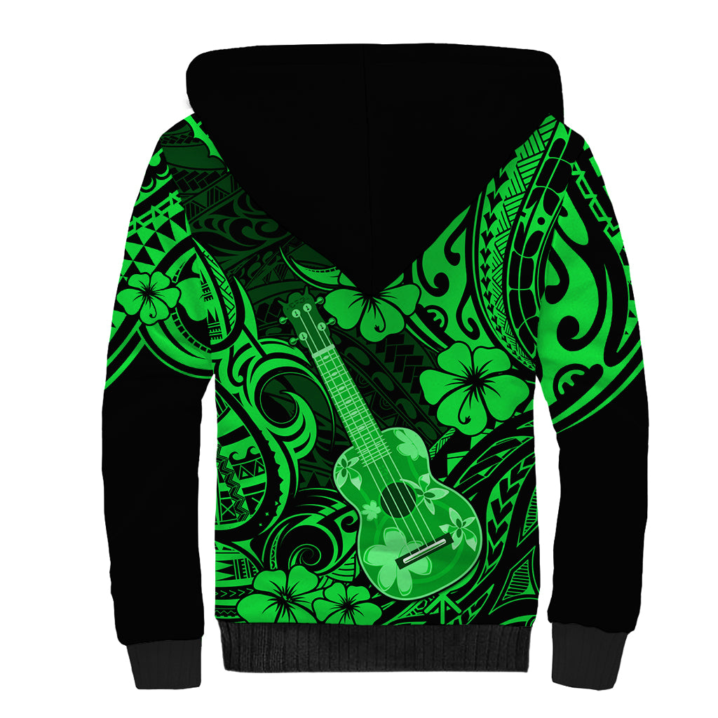 Hawaii Ukulele Sherpa Hoodie Polynesian Pattern Green Version - Wonder Print Shop