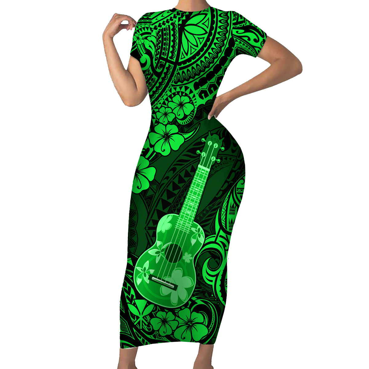 Hawaii Ukulele Short Sleeve Bodycon Dress Polynesian Pattern Green Version - Wonder Print Shop
