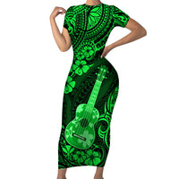 Hawaii Ukulele Short Sleeve Bodycon Dress Polynesian Pattern Green Version - Wonder Print Shop