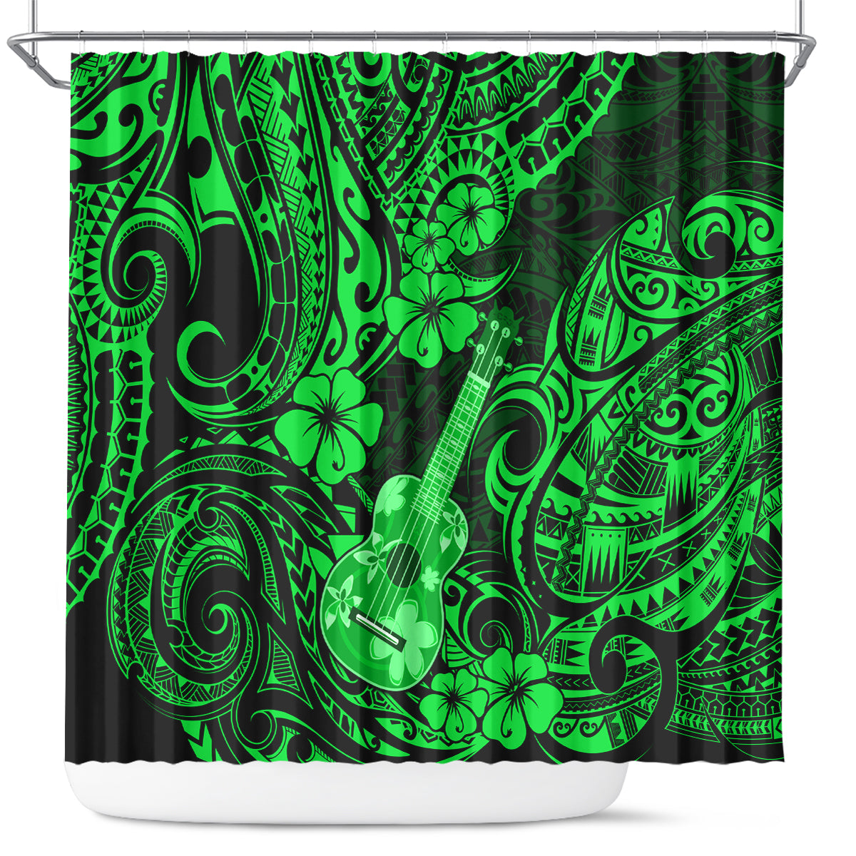 hawaii-ukulele-shower-curtain-polynesian-pattern-green-version