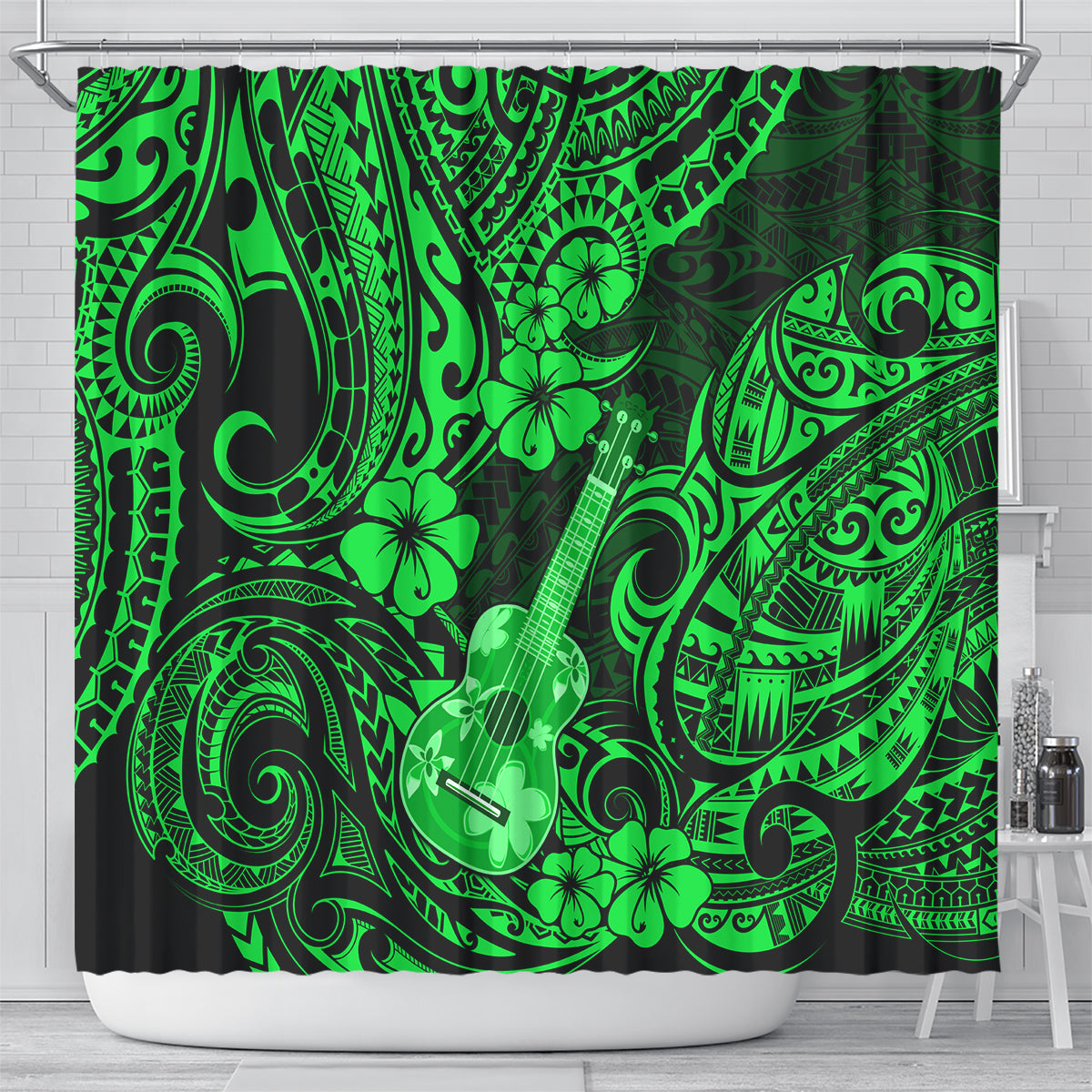 hawaii-ukulele-shower-curtain-polynesian-pattern-green-version