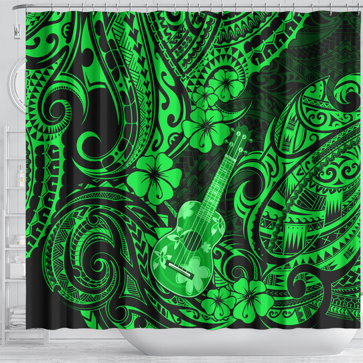 hawaii-ukulele-shower-curtain-polynesian-pattern-green-version