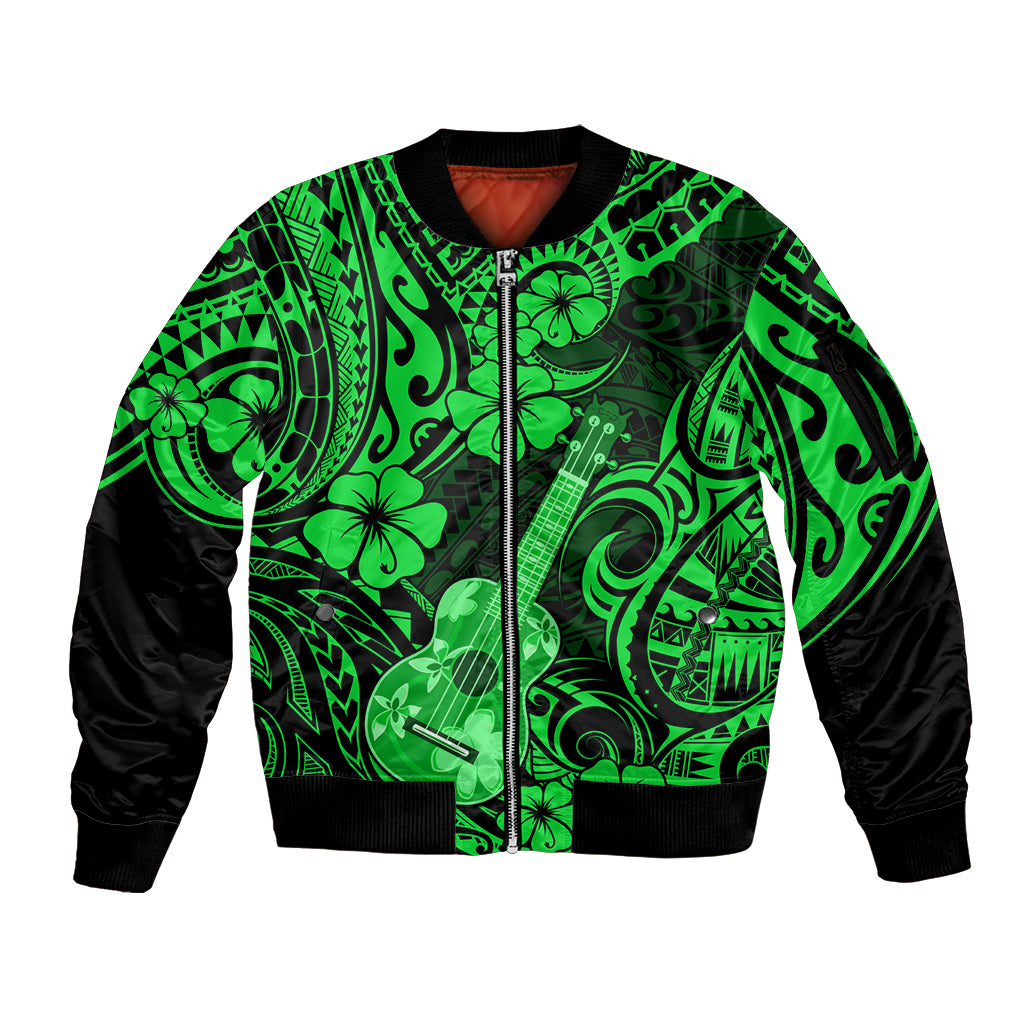 Hawaii Ukulele Sleeve Zip Bomber Jacket Polynesian Pattern Green Version - Wonder Print Shop