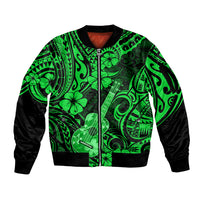 Hawaii Ukulele Sleeve Zip Bomber Jacket Polynesian Pattern Green Version - Wonder Print Shop
