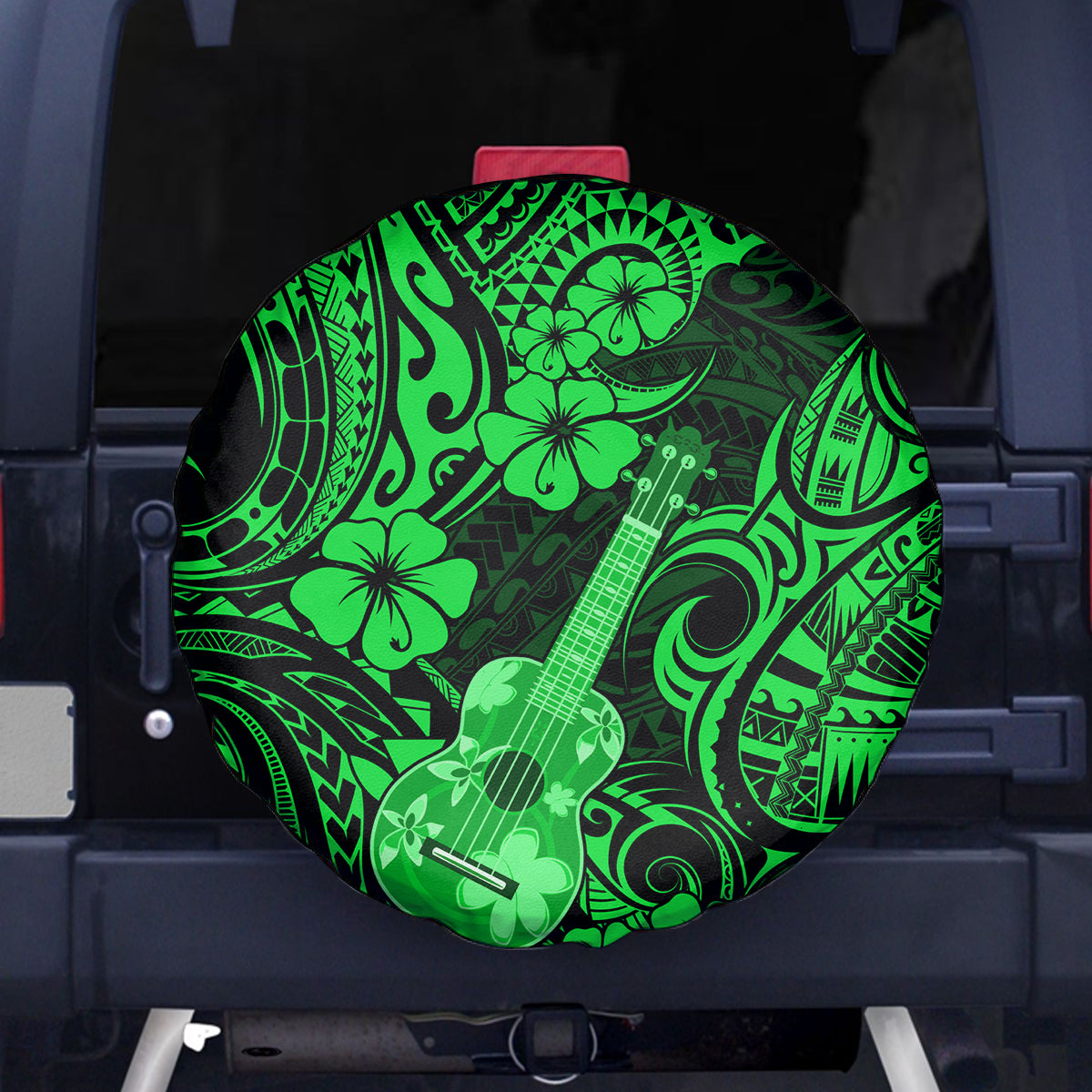Hawaii Ukulele Spare Tire Cover Polynesian Pattern Green Version - Wonder Print Shop